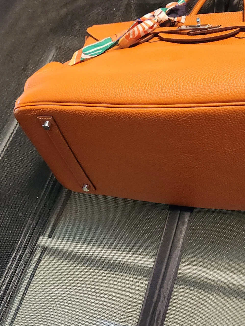 Elegant Orange Leather Tote Bag with Scarf Accent